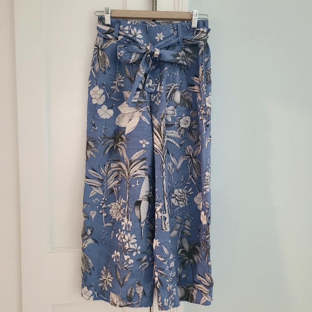J. Crew Womens Linen Wide Leg Floral Tropical High Rise Ankle Pants Blue Size 0P